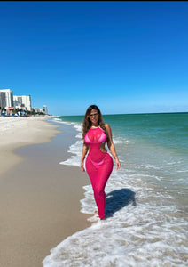 HOT PINK MESH CUT OUT COVER UP DRESS